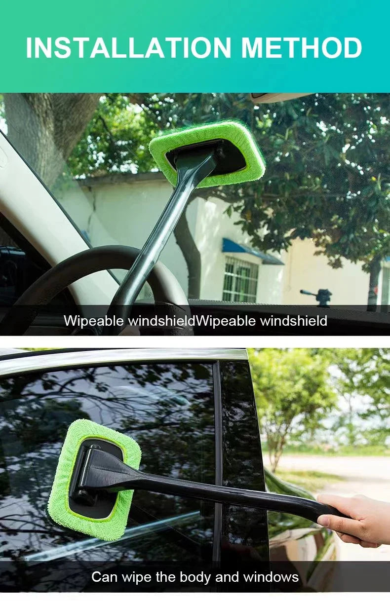 A green windshield cleaning brush is shown being used to wipe a car window.
