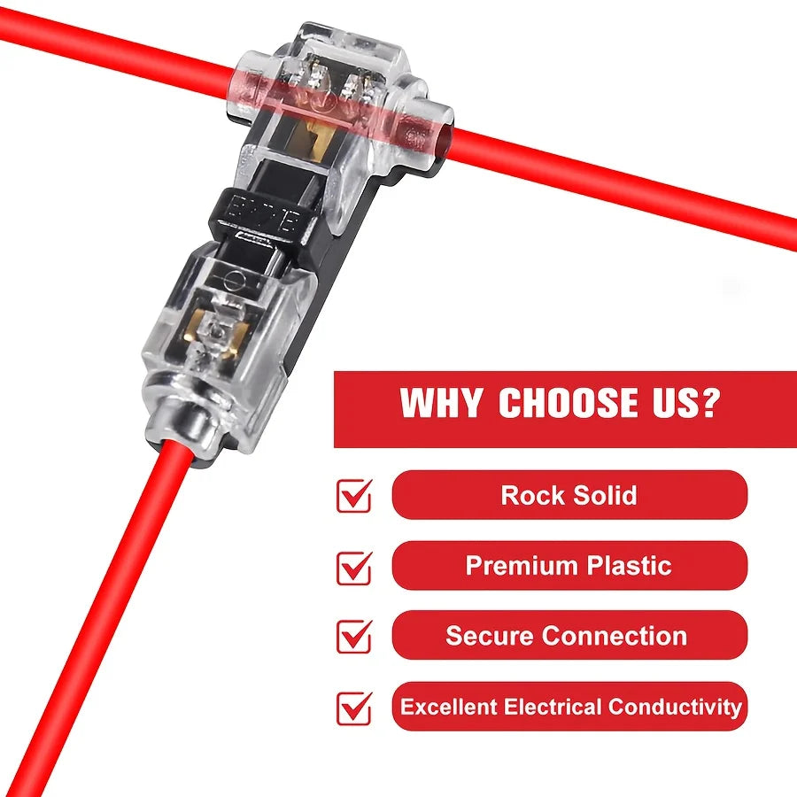 Close-up view of a clear plastic quick solderless wire tap connector with a red insulated wire.
