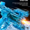 A blue LED light-up electric water blaster is shown firing a stream of water, demonstrating transformation features.