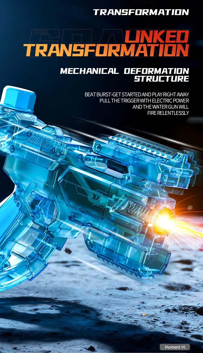 A blue LED light-up electric water blaster is shown firing a stream of water, demonstrating transformation features.