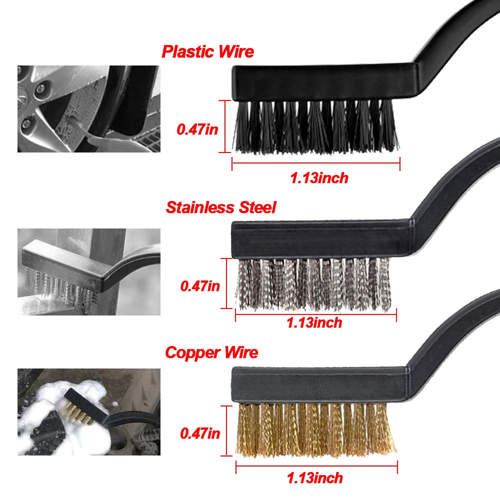 A set of three detailing brushes made of plastic wire, stainless steel, and copper wire for cleaning automotive surfaces.