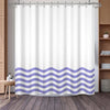 White shower curtain featuring a wavy purple and white stripe pattern hanging from a metal rod.