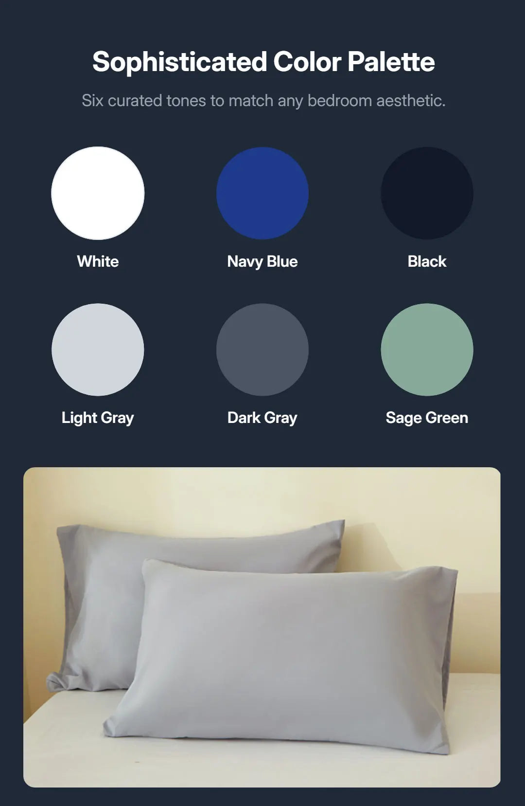 A collection of six sophisticated paint colors including white, navy blue, black, light gray, dark gray, and sage green.