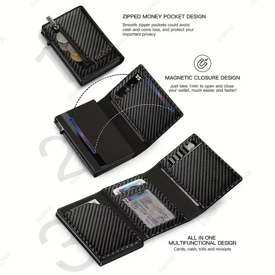 A black zippered wallet featuring a magnetic closure design and an all-in-one multifunctional feature for cards, cash, bills,