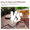 Comparison showing easy cleaning of interlocking wood deck tiles versus traditional wood flooring.