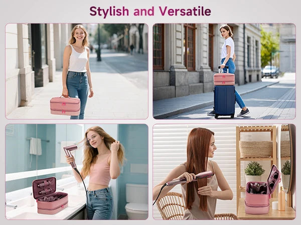 A collection of pink double-layer travel storage bags used for organizing hair dryers and accessories.