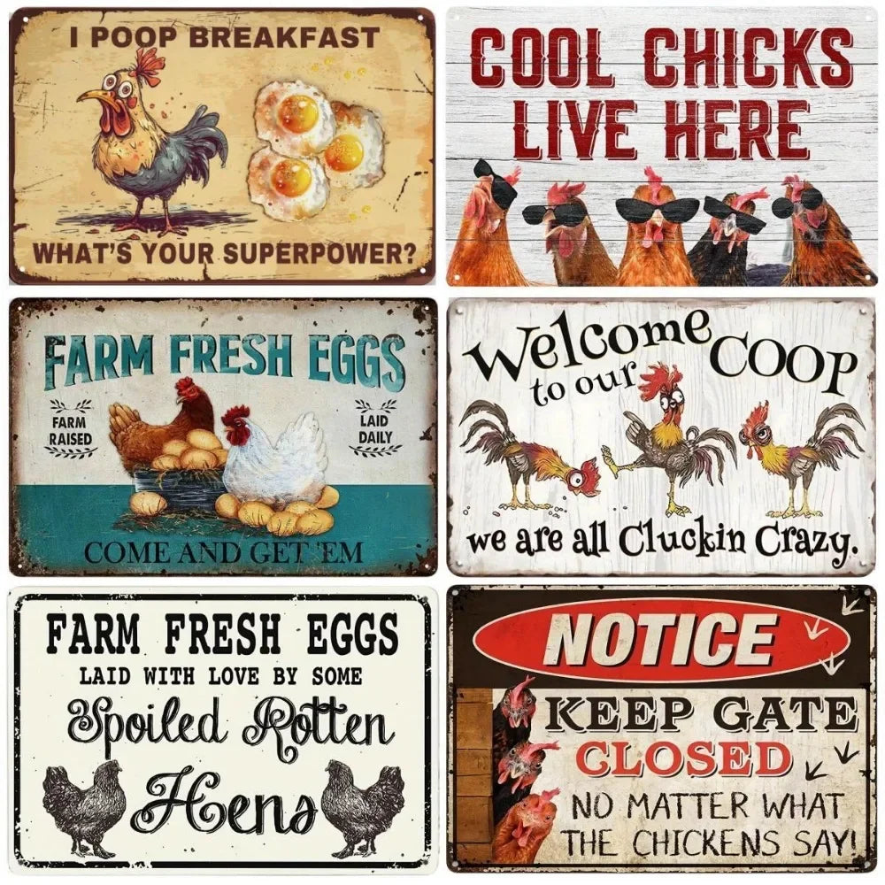 Retro Funny Chicken Farm Metal Sign for Kitchen and Coop