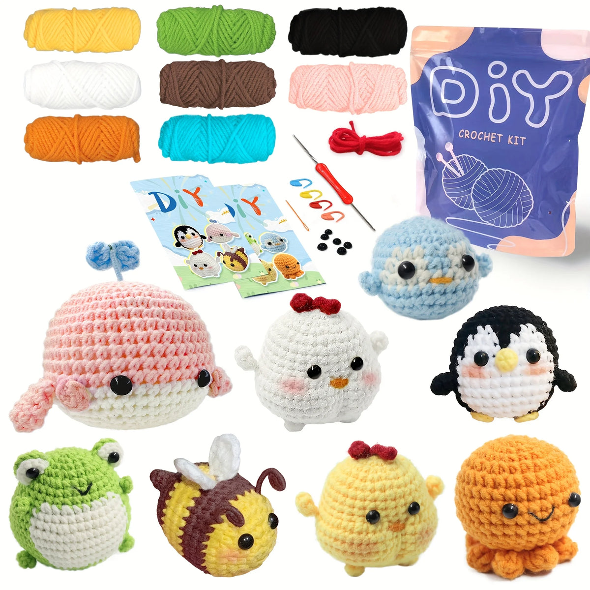 A collection of colorful yarn and crochet patterns for making cute animal amigurumi projects.