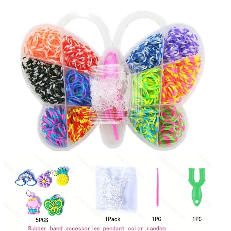 A set of colorful rubber band accessories for making bracelets, including various colored loom bands.