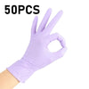 A hand wearing a light purple disposable nitrile glove is shown against a white background.