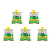 Four hanging disposable fly trap bags with yellow attractors and green bait inside