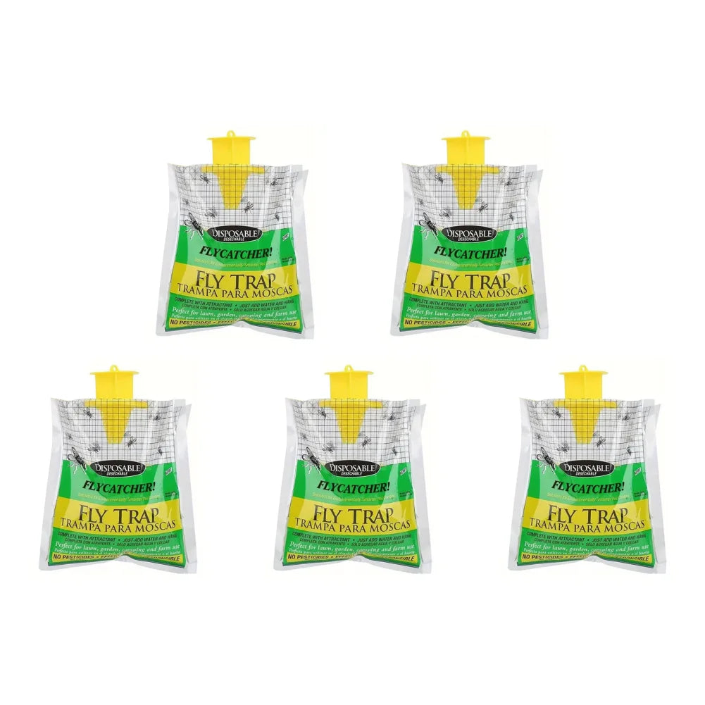 Four hanging disposable fly trap bags with yellow attractors and green bait inside
