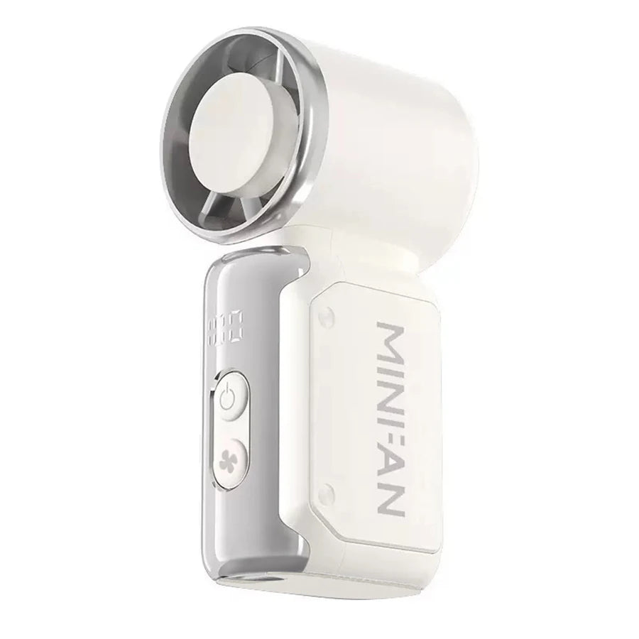 Weißer tragbarer Mini-Handheld-Turbo-Lüfter mit silberner Gitter und LED-Anzeige.