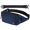 A dark blue water-resistant nylon fanny pack with a black adjustable strap is shown alongside its strap component.