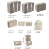 A collection of various travel packing cubes and storage organizer bags in neutral tones and beige colors.