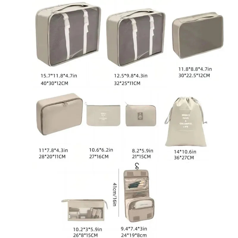 A collection of various travel packing cubes and storage organizer bags in neutral tones and beige colors.