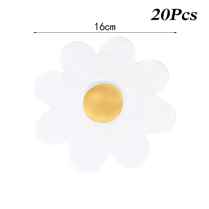 A set of twenty white and gold daisy flower disposable party tableware items.
