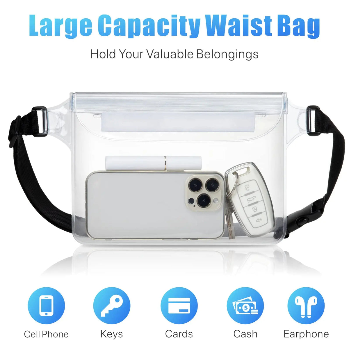 Sac à taille étanche contenant un téléphone portable, clés, cartes, argent et un écouteur.