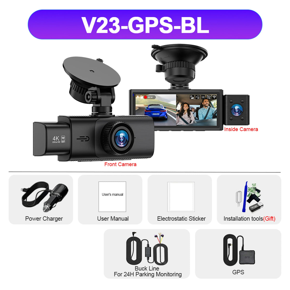 V23-GPS-BL dash cam featuring a front camera, inside camera, power charger, user manual, and GPS module.