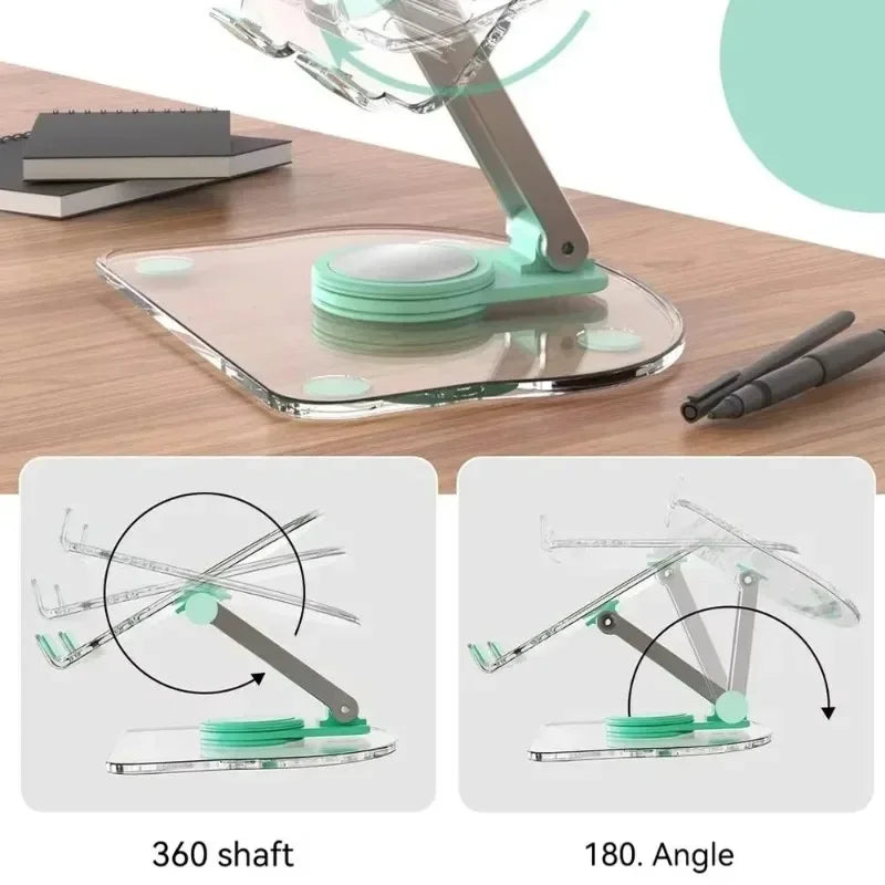 A clear acrylic tablet stand with a rotating shaft used for holding and displaying devices.