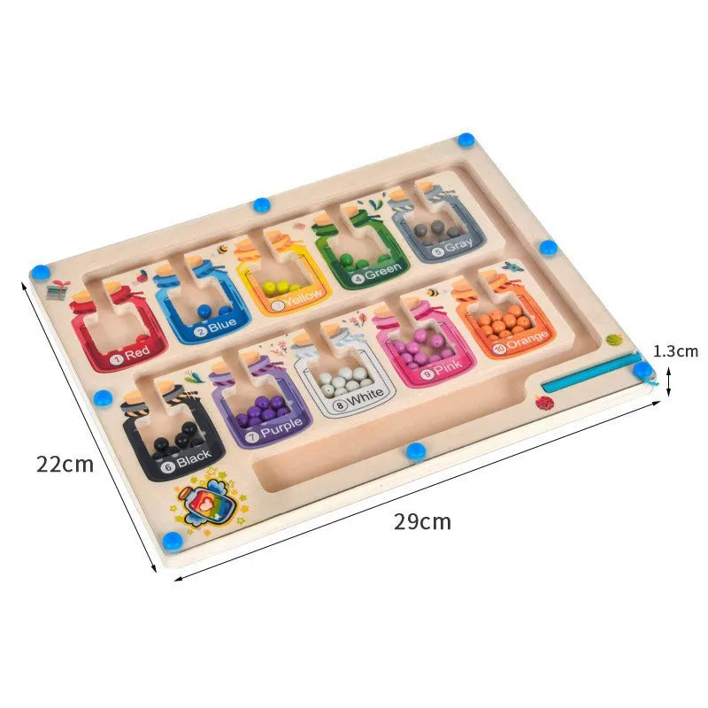 A wooden magnetic color sorting maze board with compartments for red, blue, yellow, green, orange, purple, white, and black m