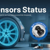 A blue diagnostic tool is shown next to a glowing sensor, illustrating a check for tire pressure and temperature.