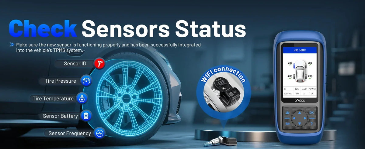 A blue diagnostic tool is shown next to a glowing sensor, illustrating a check for tire pressure and temperature.