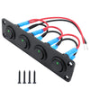 Black panel with multiple circular joystick switches and red and blue wires for an LED toggle switch.