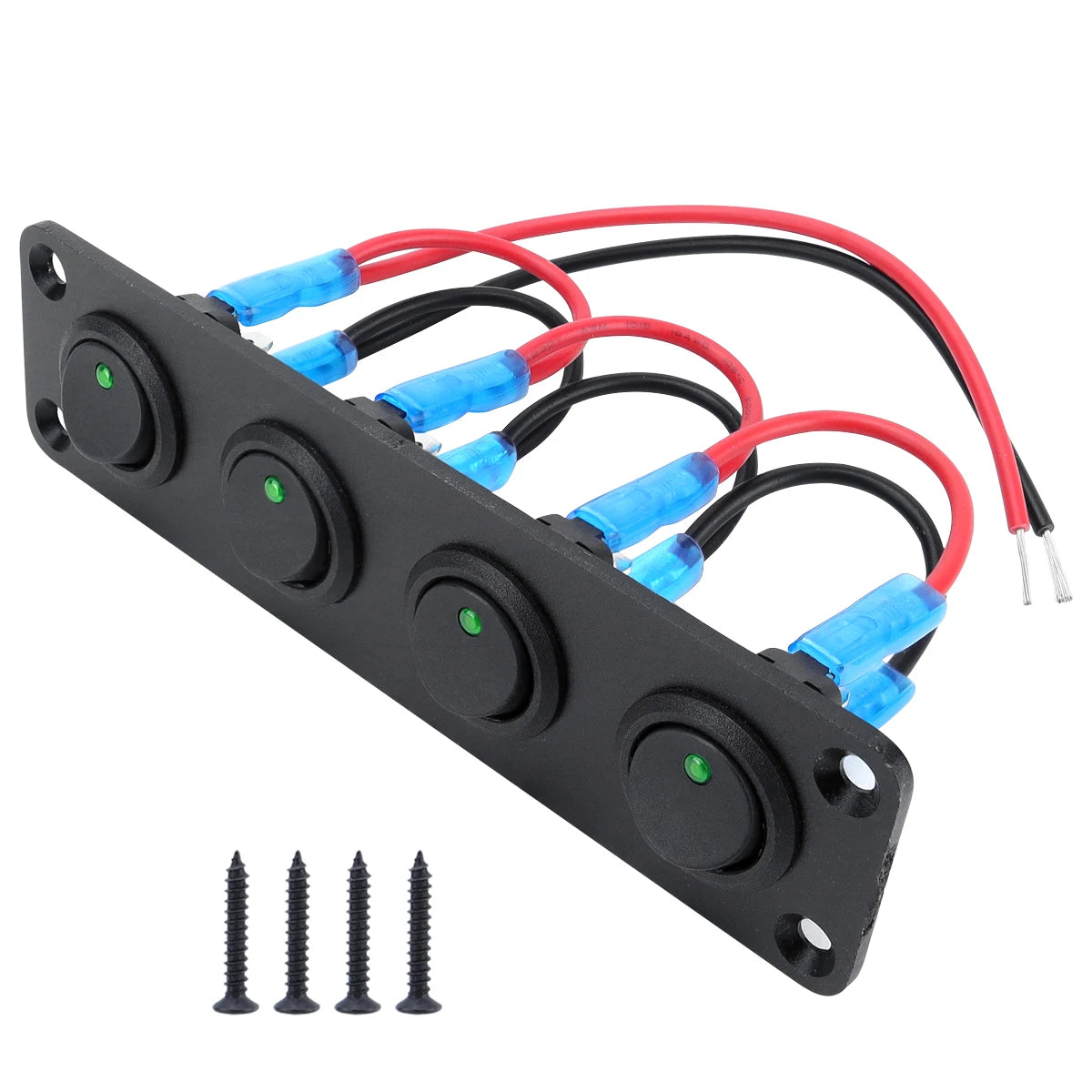 Black panel with multiple circular joystick switches and red and blue wires for an LED toggle switch.