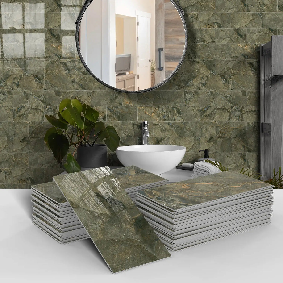Stacks of green marble self-adhesive wall stickers used as 3D tile decals in a bathroom setting.