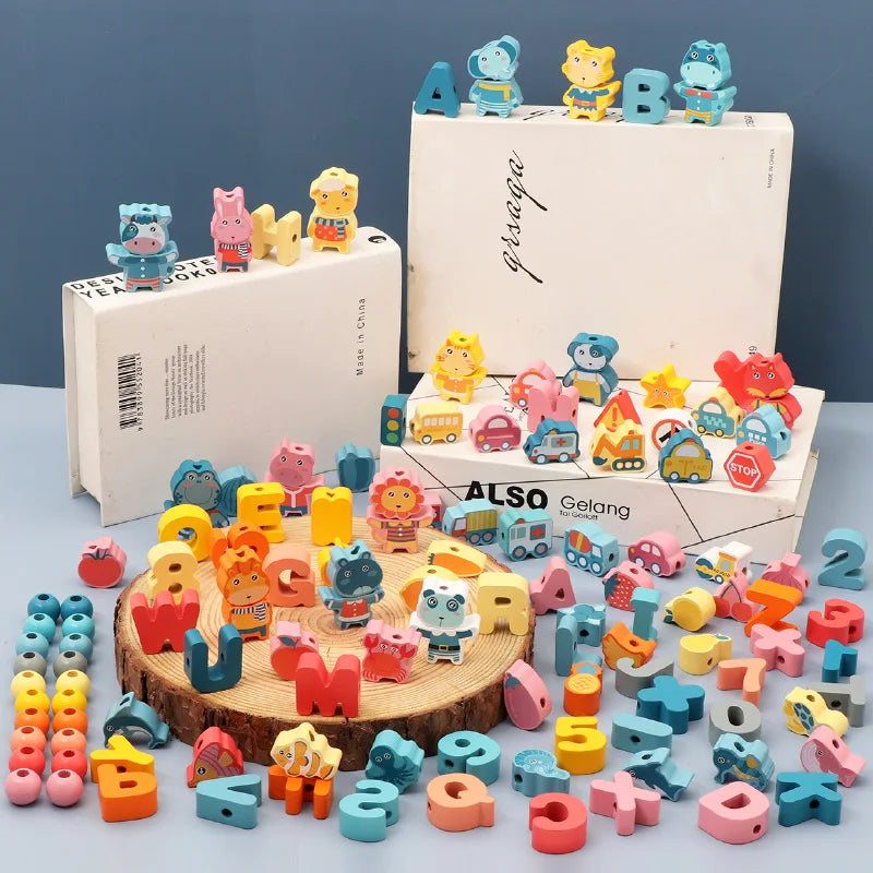 Wooden Lacing Beads Set for Kids with Animal, Fruit, Letter & Number Shapes