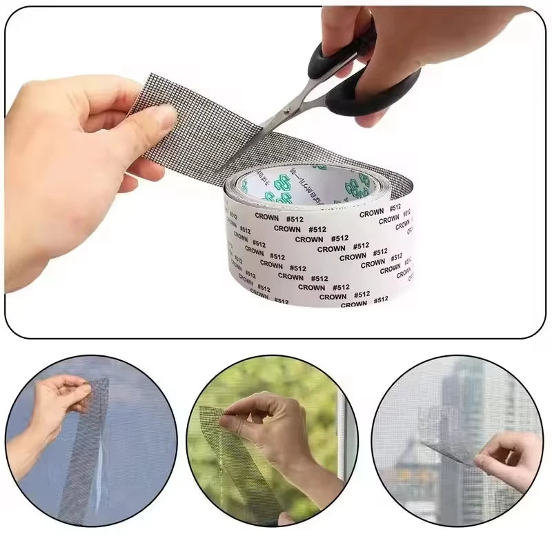 Hands are using scissors to cut and apply self-adhesive window screen repair tape onto a mesh surface.