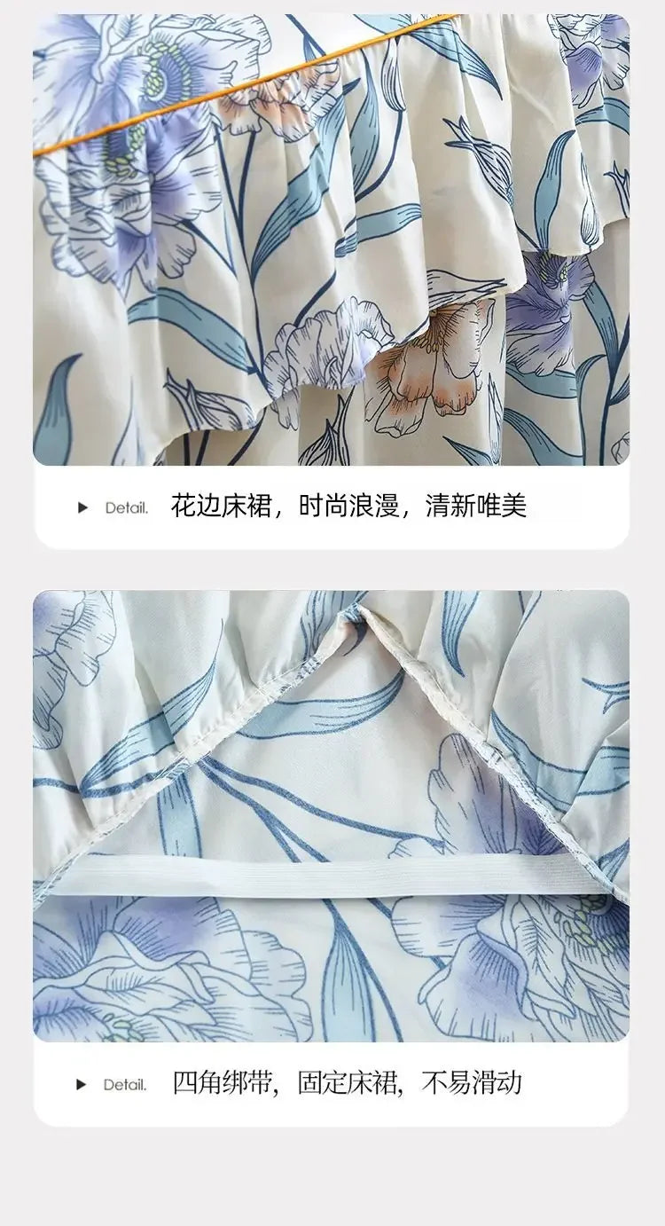 Floral Bed Skirt Set with Anti-Slip Mattress Cover