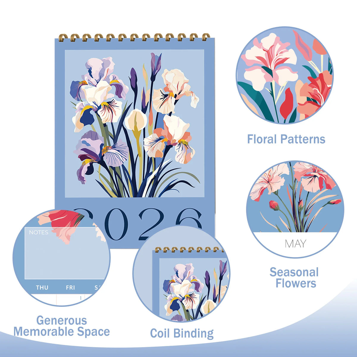 A desk calendar featuring floral patterns, seasonal flowers for May, and coil binding.