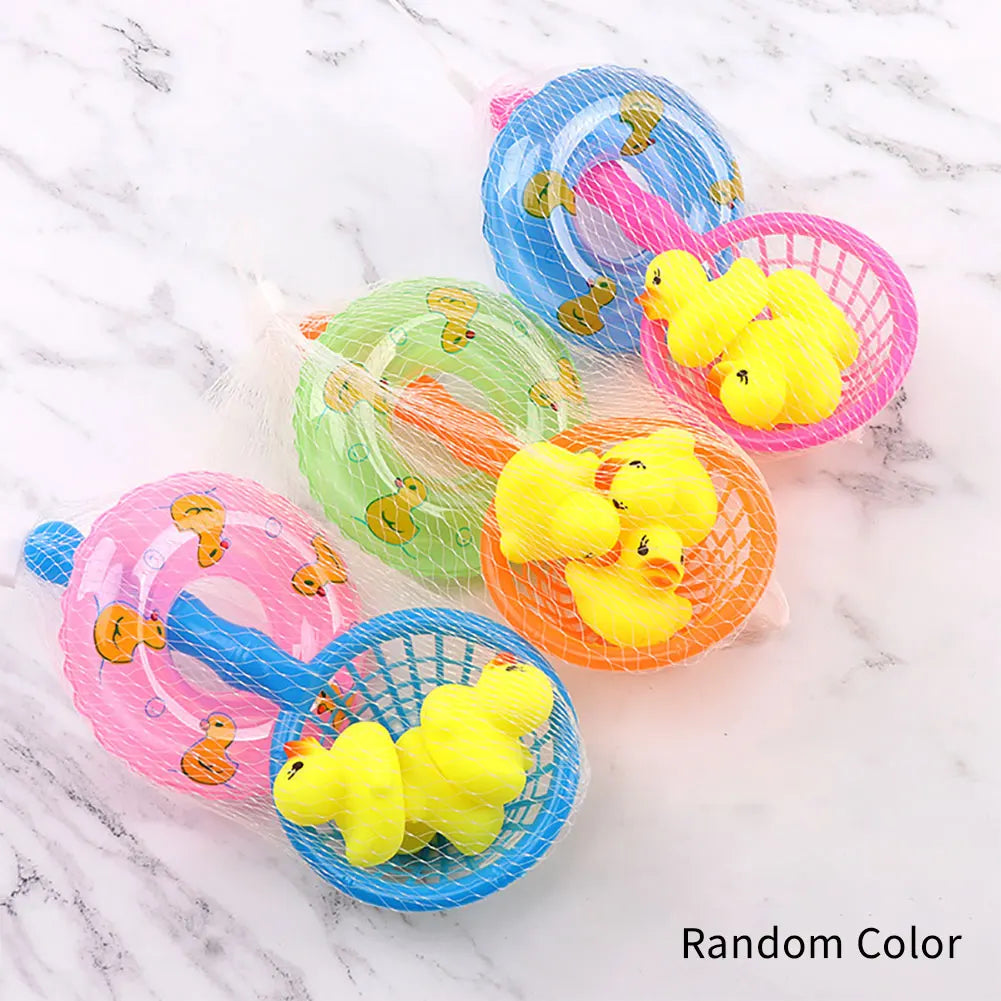 A collection of colorful squeaky rubber duck bath toys in various shades including pink, blue, green, and orange on a white m