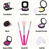 A collection of kids pretend makeup items including eyeshadow, blush, square glitter, and various brushes in a carrying case.