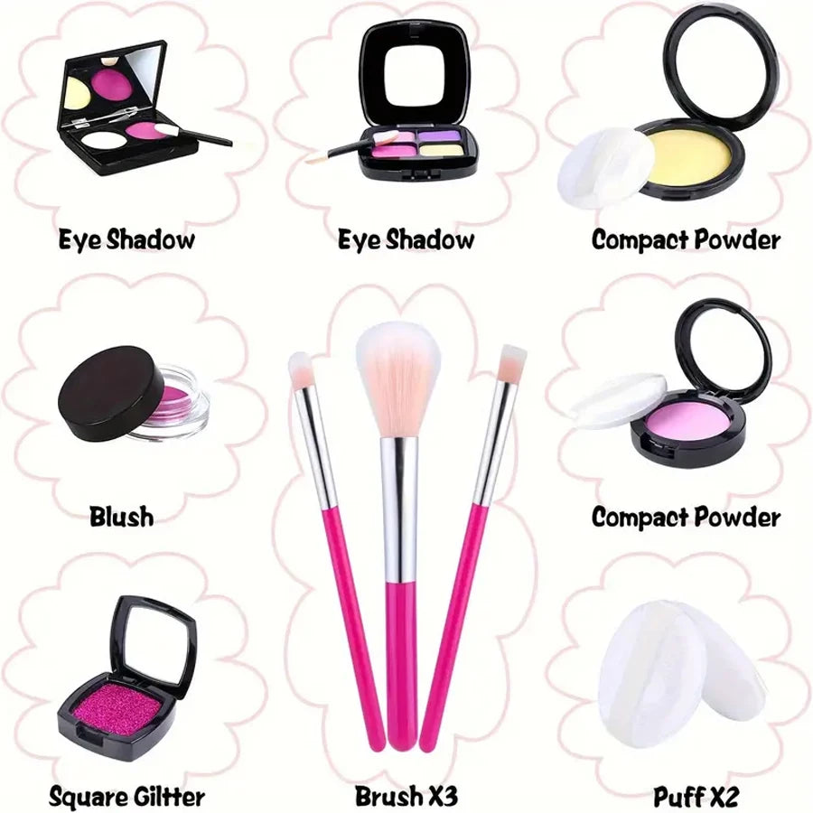 A collection of kids pretend makeup items including eyeshadow, blush, square glitter, and various brushes in a carrying case.