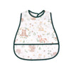 White baby feeding bib with a green trim featuring a pattern of cute animals like bears and rabbits.