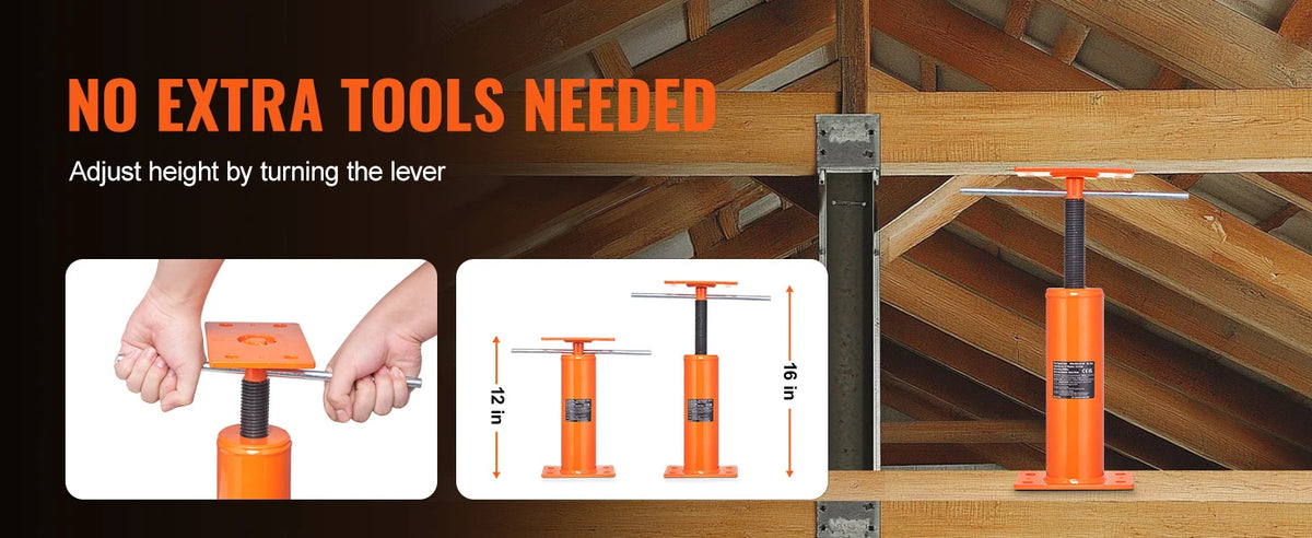 Close-up of an orange adjustable steel floor jack used to adjust the height of a wooden beam.