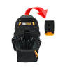 A black heavy duty electrician tool pouch with multiple pockets and a red arrow visible.