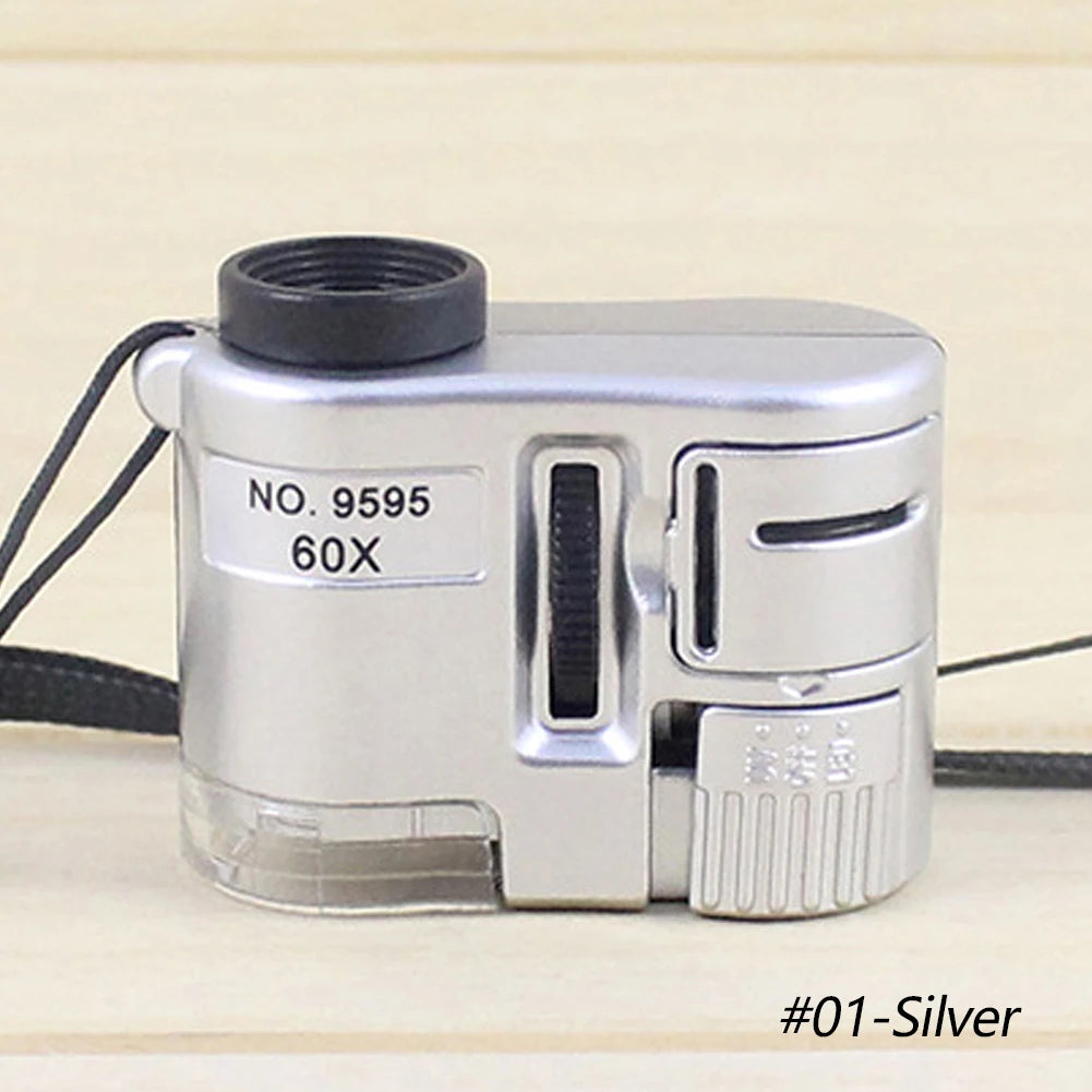 Silver handheld magnifier with a UV light and storage pouch labeled NO. 9595 60X