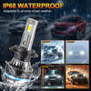 An IP68 waterproof LED headlight bulb with a cooling fan shown in various weather conditions.