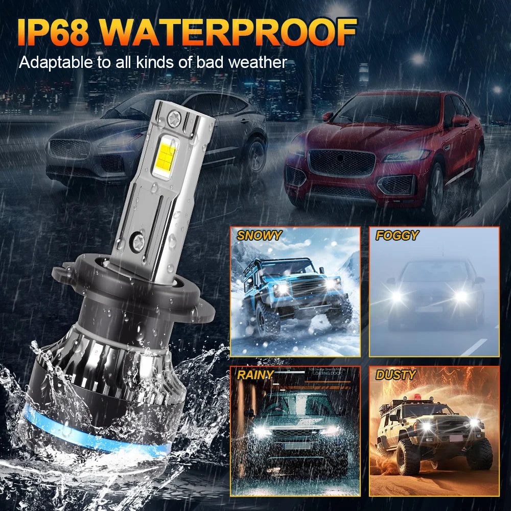 An IP68 waterproof LED headlight bulb with a cooling fan shown in various weather conditions.