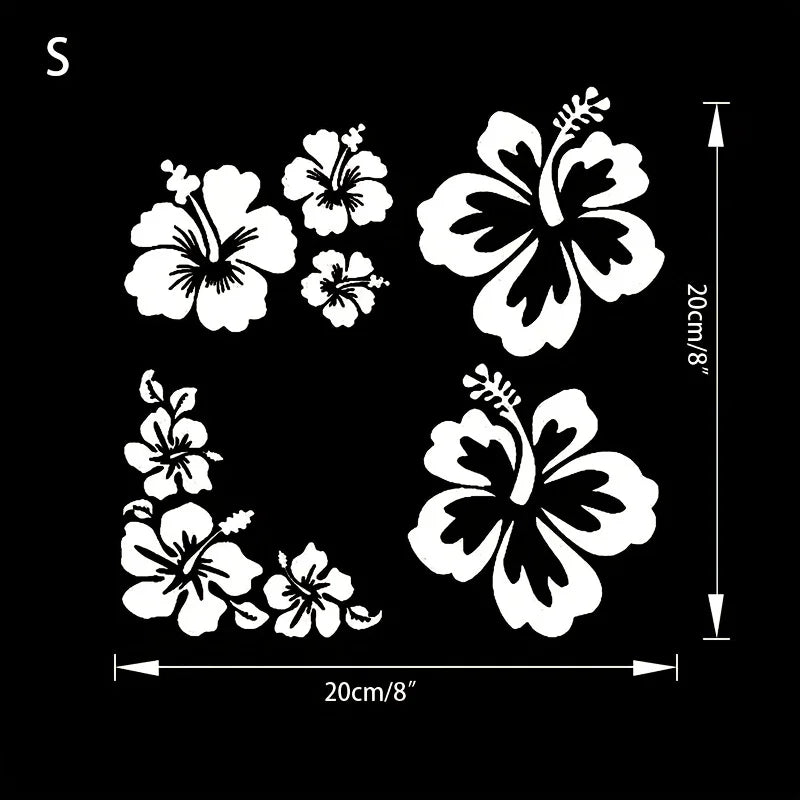 A black and white floral design featuring hibiscus flowers, suitable for car decals or stickers.