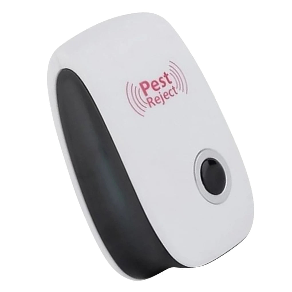 A white ultrasonic pest repellent device with a black grip and a red wave symbol labeled Pest Reject.