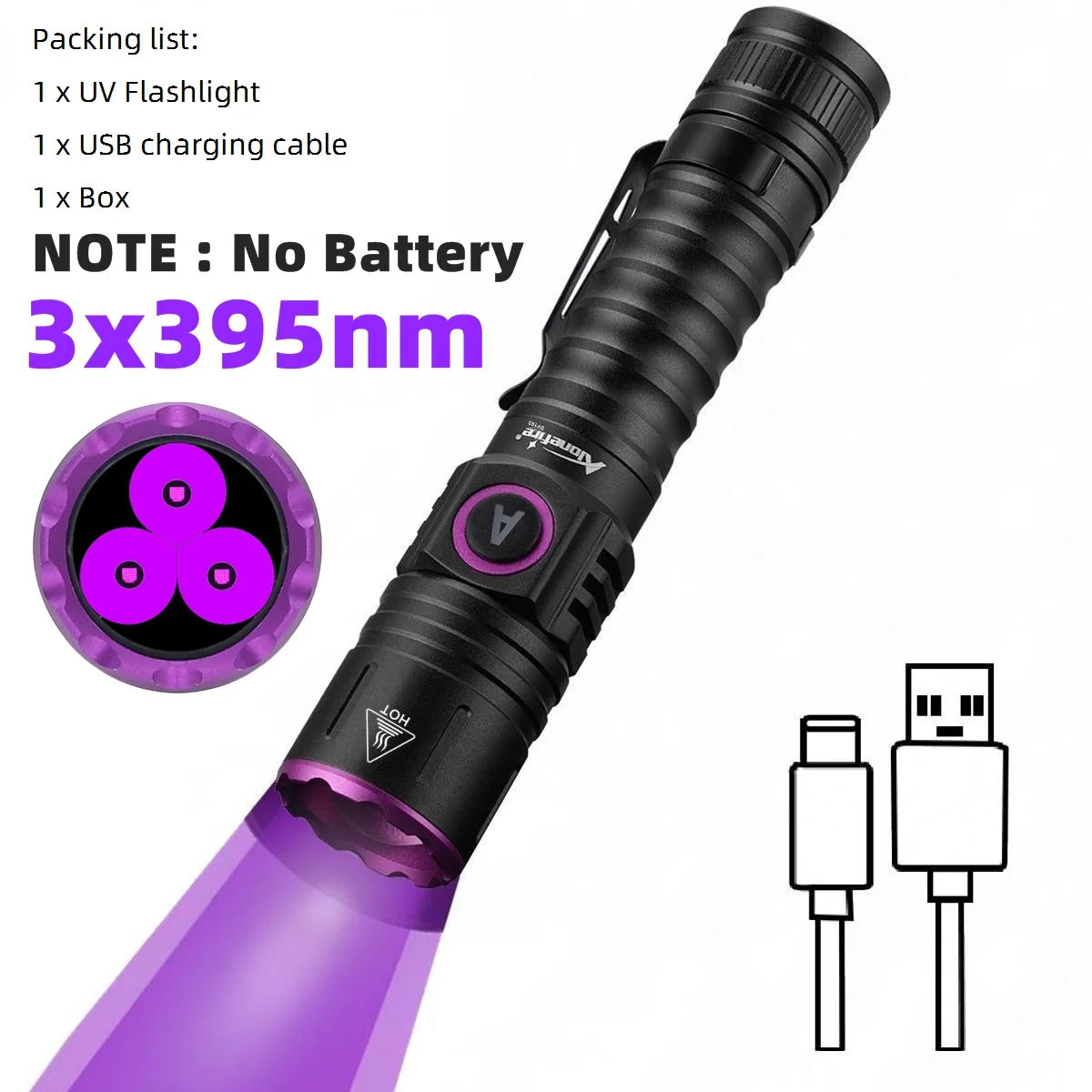 A purple UV flashlight with a black body and a purple light beam, shown next to its components.