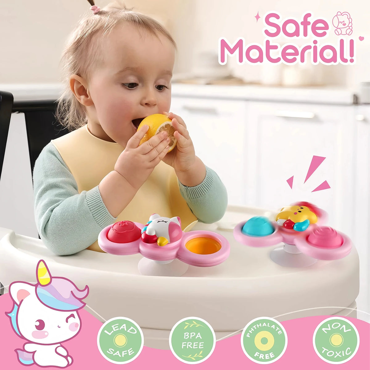 A baby is playing with a pink suction cup spinner sensory toy featuring various colors and shapes.
