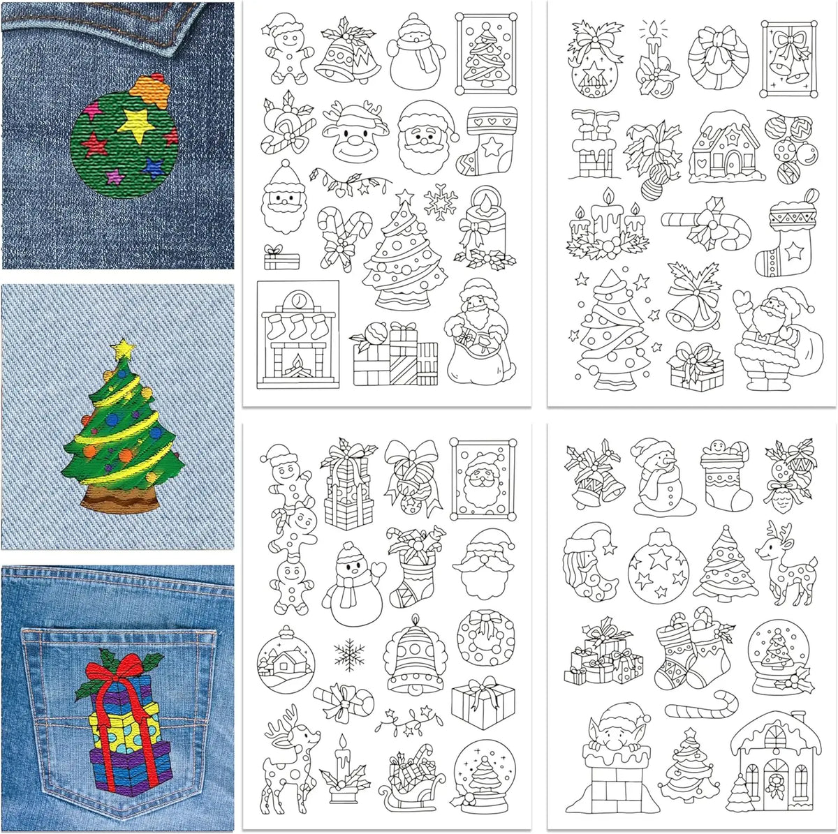 Four packs of Christmas themed water-soluble embroidery stabilizer sheets featuring various holiday designs and figures.