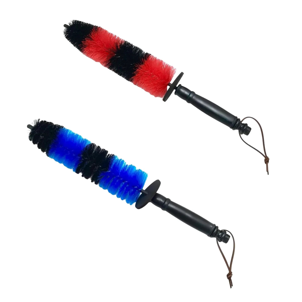 A pair of long reach soft bristle cleaning brushes, one red and black and one blue and black.