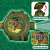 A green dinosaur projector watch displays the time and date, with an inset showing the watch cover opening.